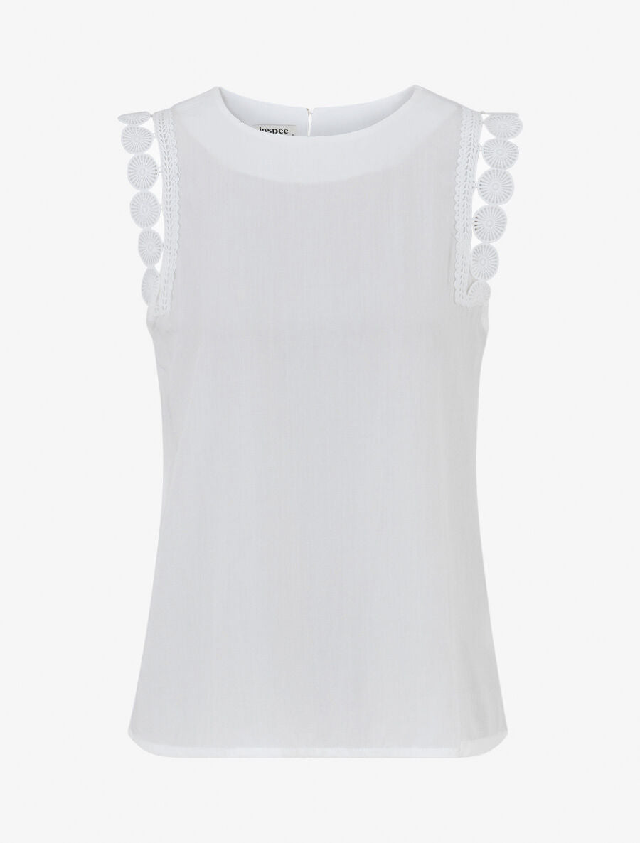 Top droit uni sans manches à dentelle - Blanc - 1