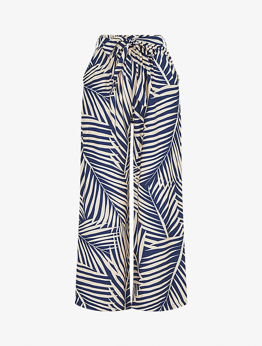 Pantalon imprimé tropical à taille haute élastiquée - Marine - 1