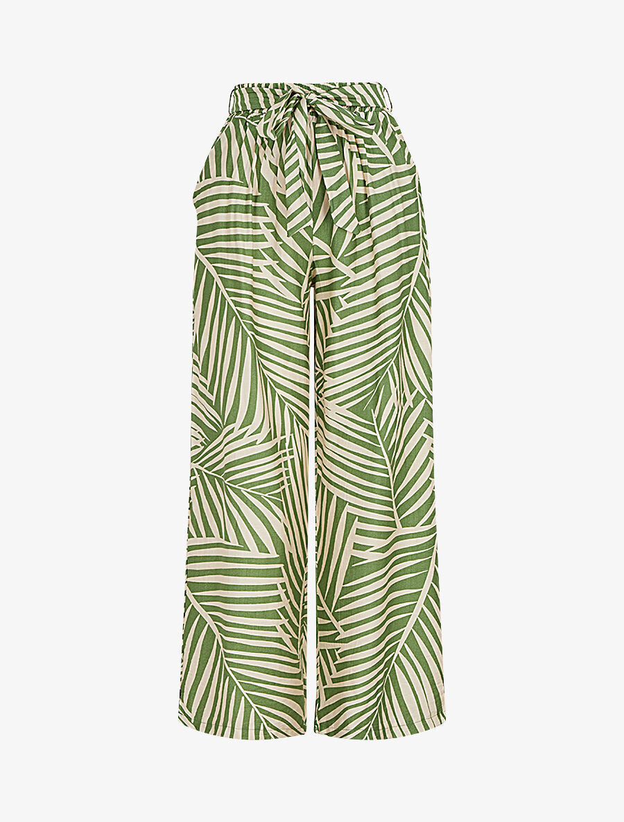 Pantalon imprimé tropical à taille haute élastiquée - Kaki - 4