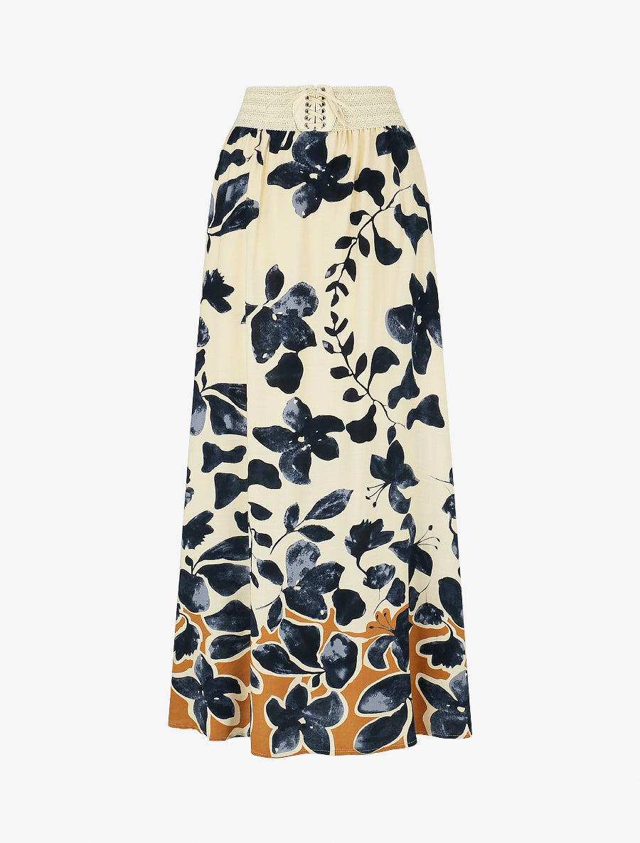 Jupe longue style corset imprimé feuillages - Marine - 1