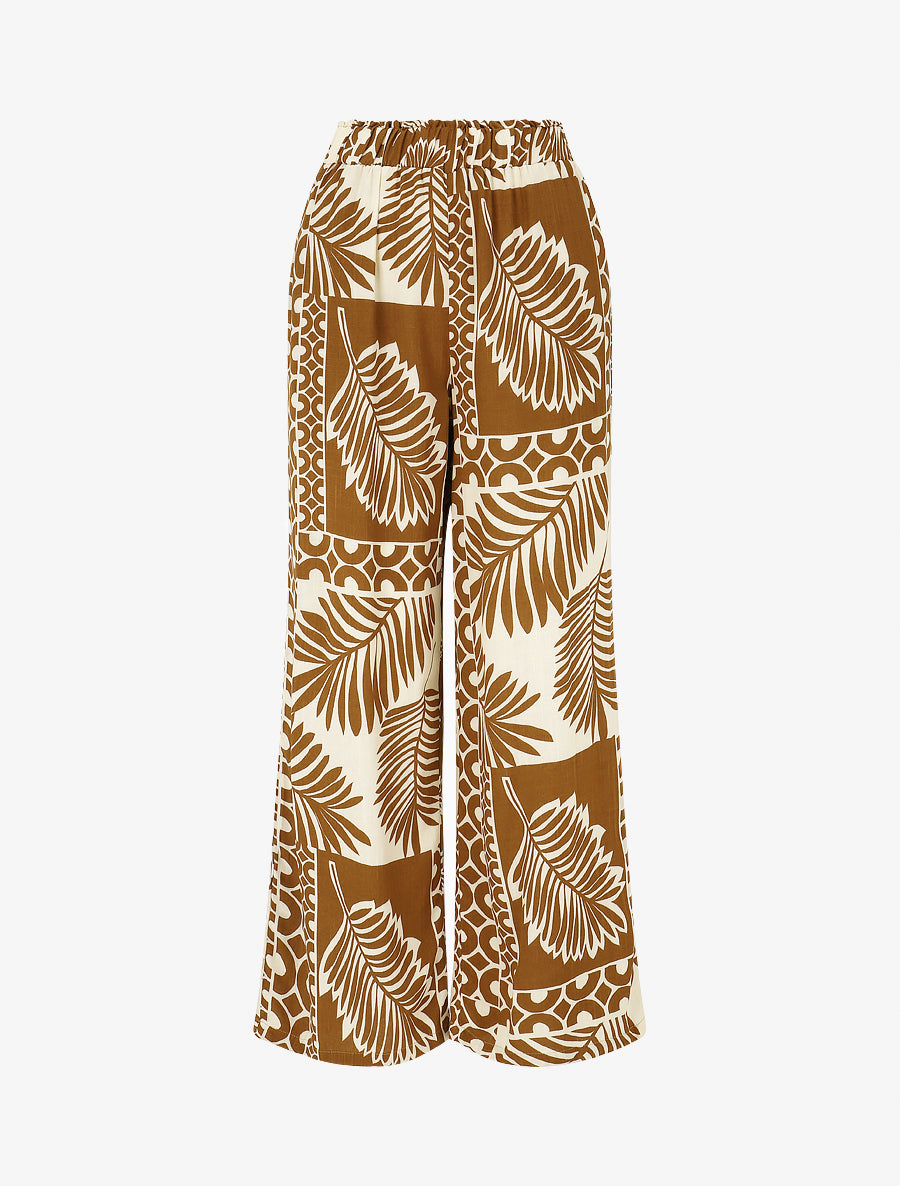 Pantalon droit taille haute imprimé tropical - Marron - 1