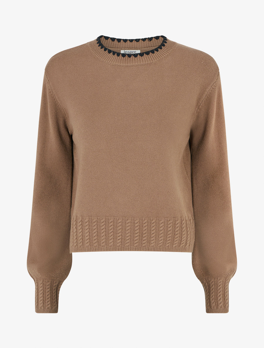 Pull droit à col rond brodé - Taupe - 1