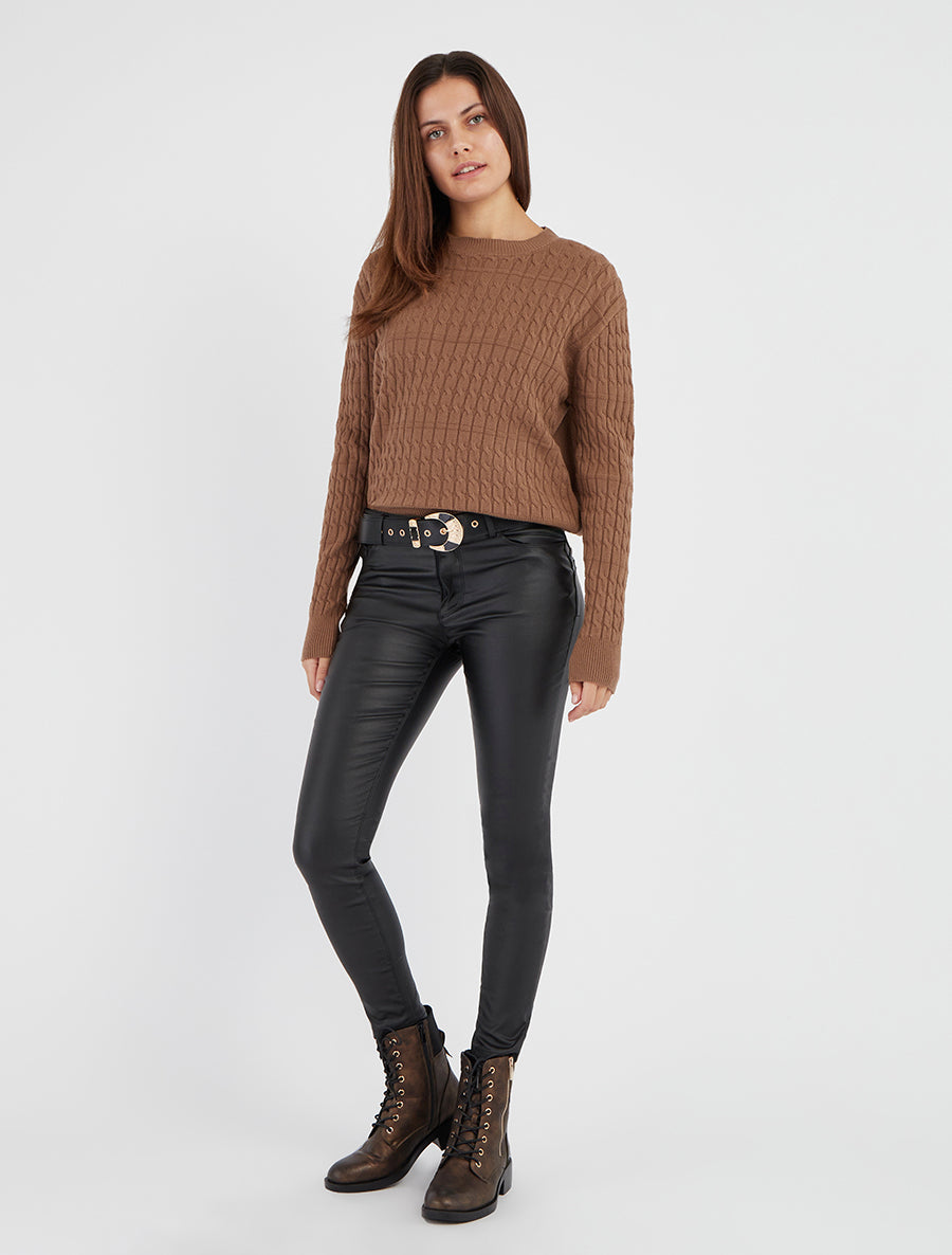 Pull droit à col rond en maille tressée - Taupe - 8