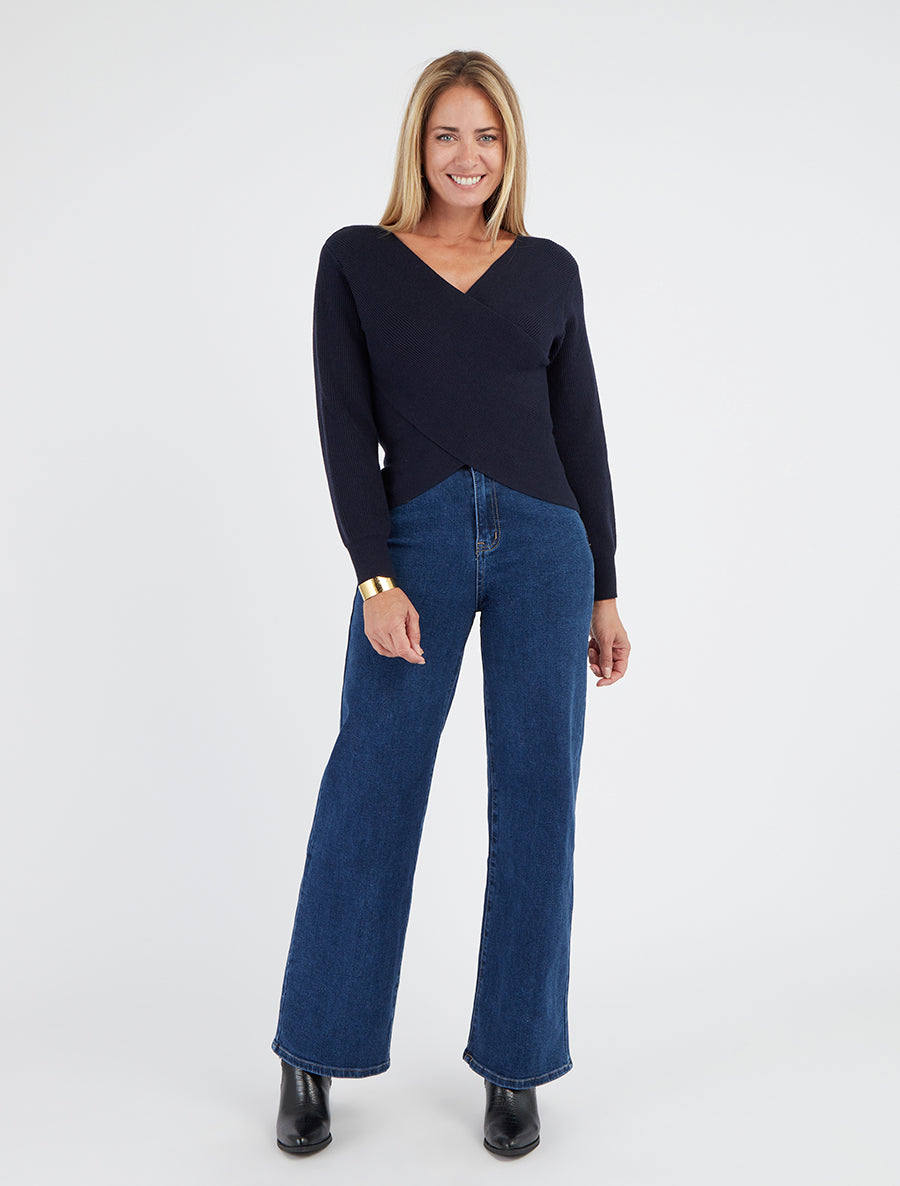 Pull uni côtelé à col cache-coeur - Marine - 8