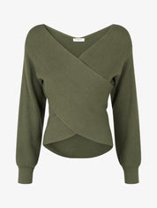 Pull uni côtelé à col cache-coeur - Kaki