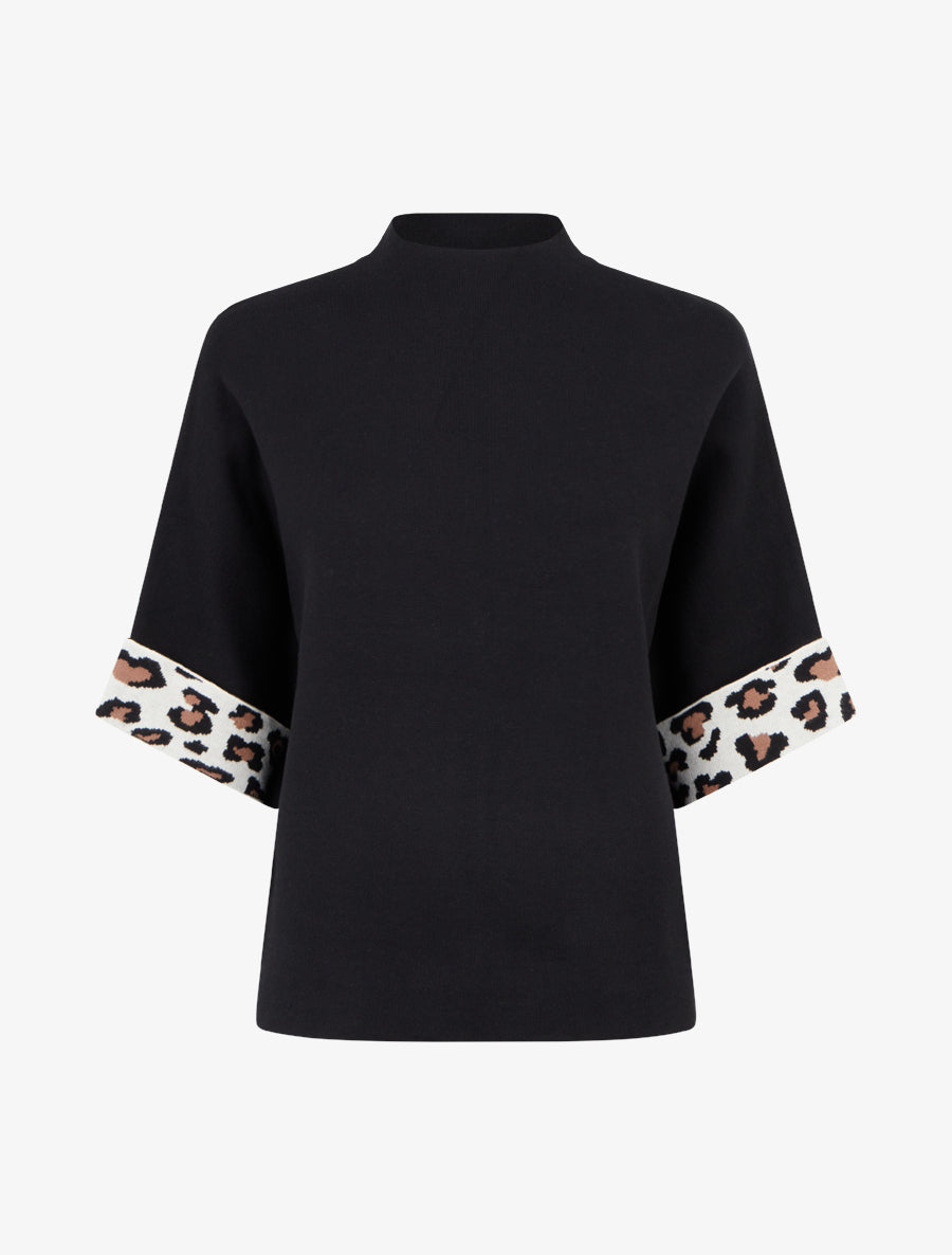 Pull à col montant et détail imprimé léopard - Noir - 1