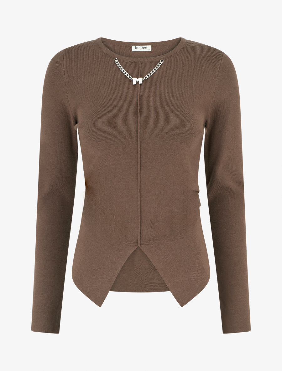 Pull asymétrique à empiècement bijou M - Marron - 1