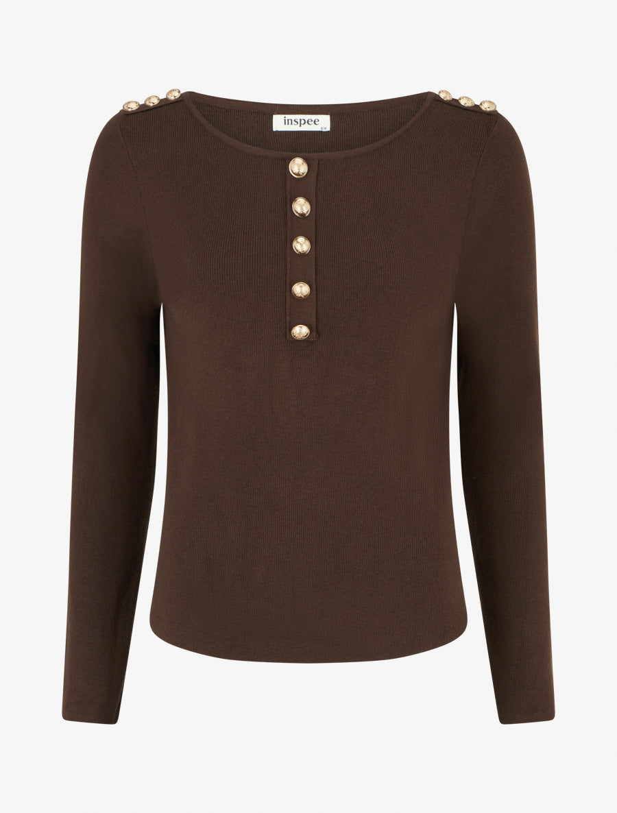Pull fin à col rond et boutons décoratifs - Marron - 1