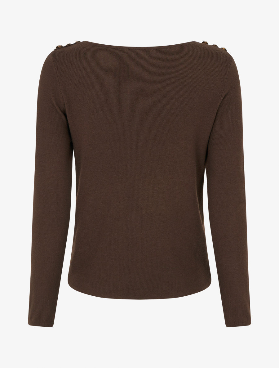 Pull fin à col rond et boutons décoratifs - Marron - 2