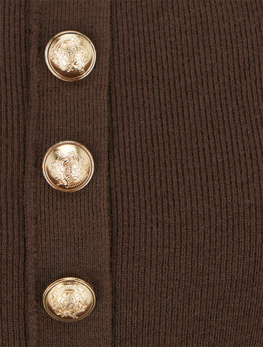 Pull fin à col rond et boutons décoratifs - Marron - 3