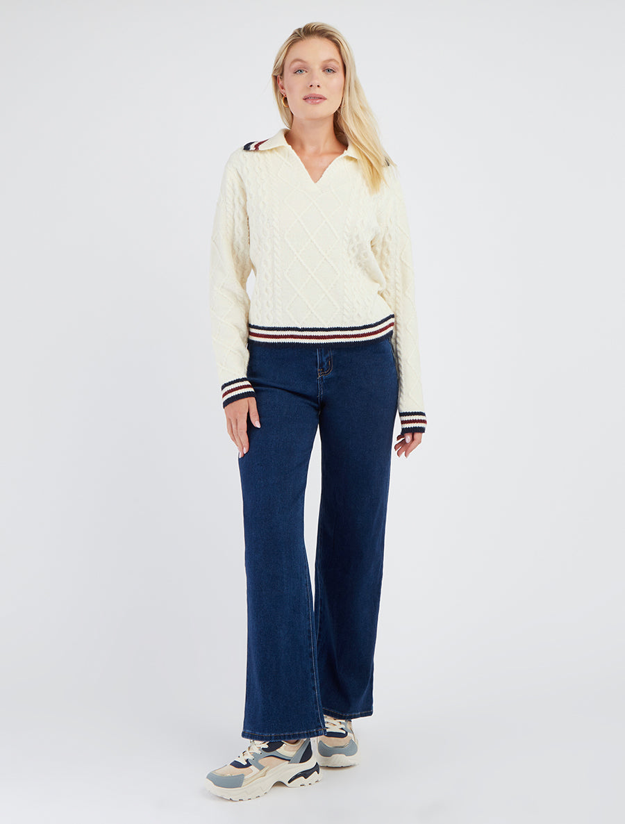 Pull texturé en maille à col V - Écru - 8