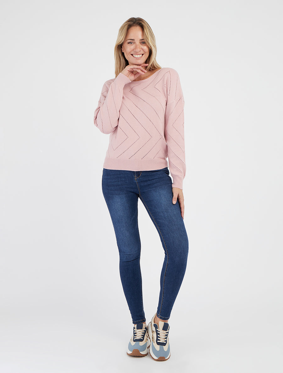 Pull uni ajouré à col rond - Rose
