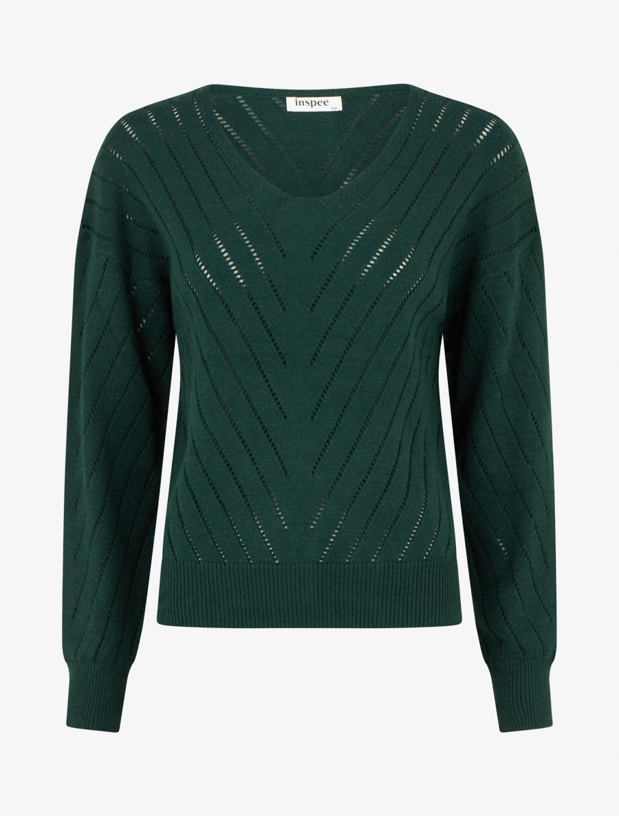 Pull uni ajouré à col V - Vert sapin - 1