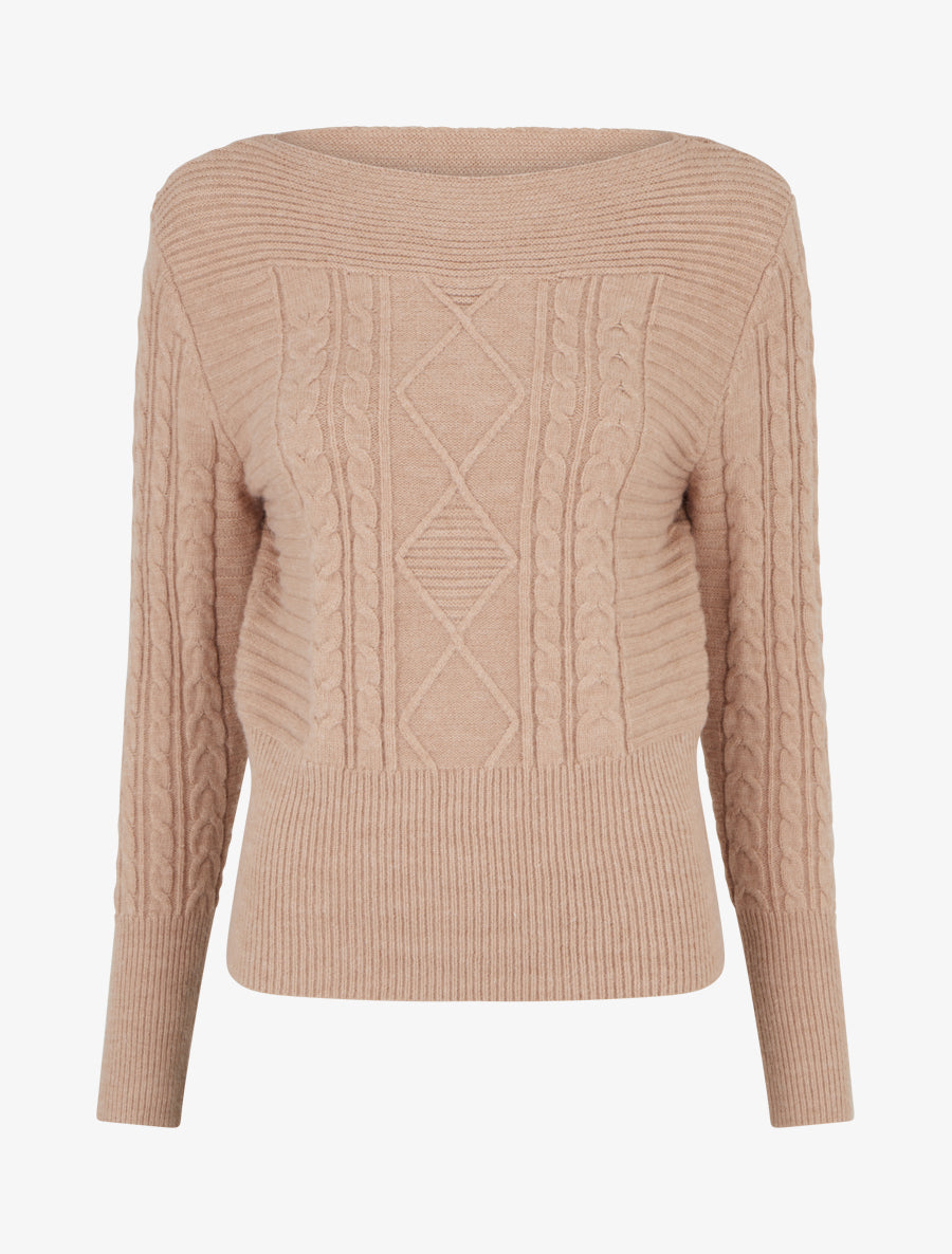 Pull droit à col bateau en maille fantaisie - Beige - 1