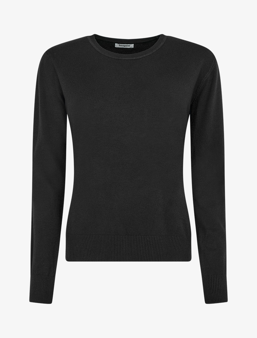 Pull fin uni à col rond - Noir - 1
