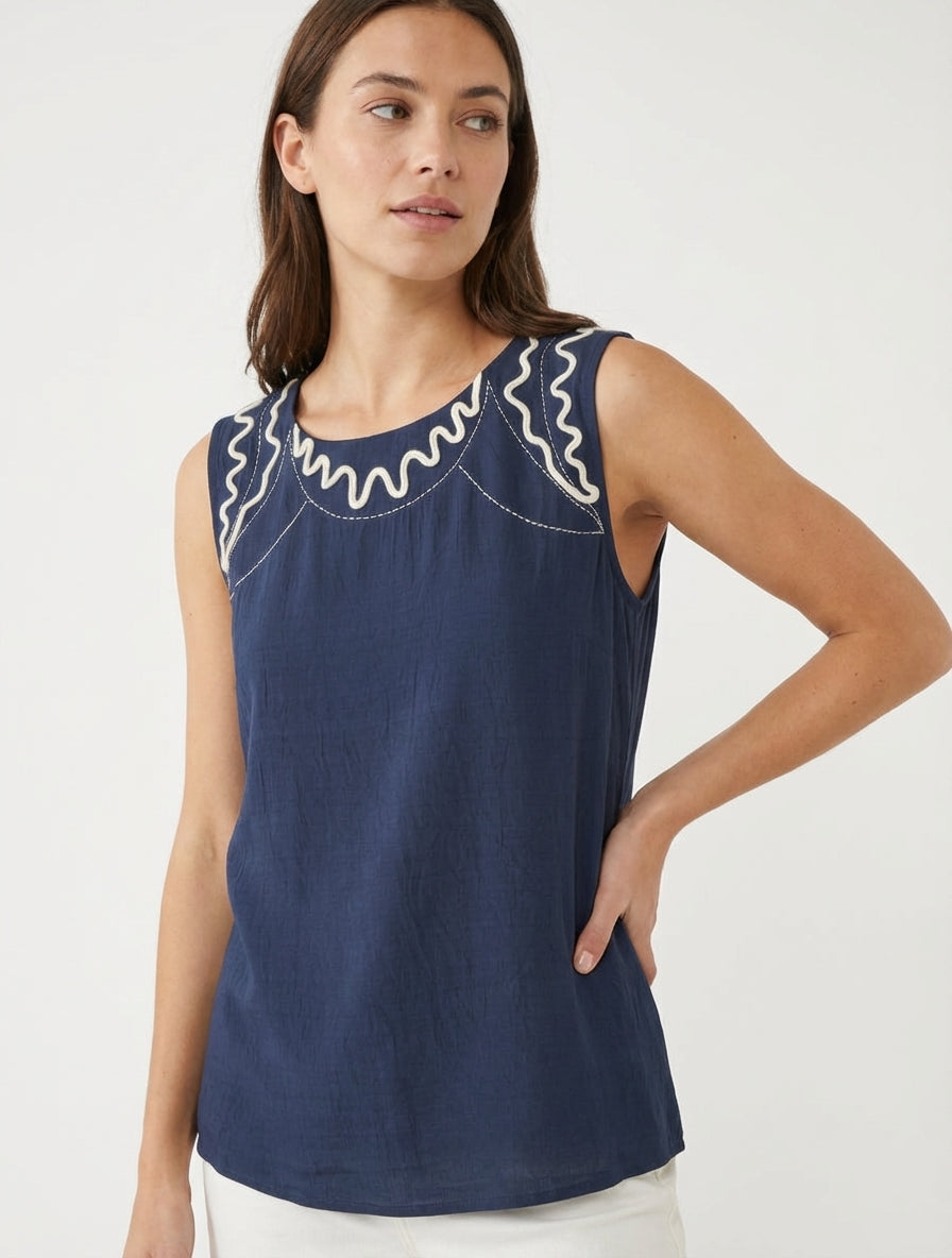 Top fluide broderies vagues - Marine