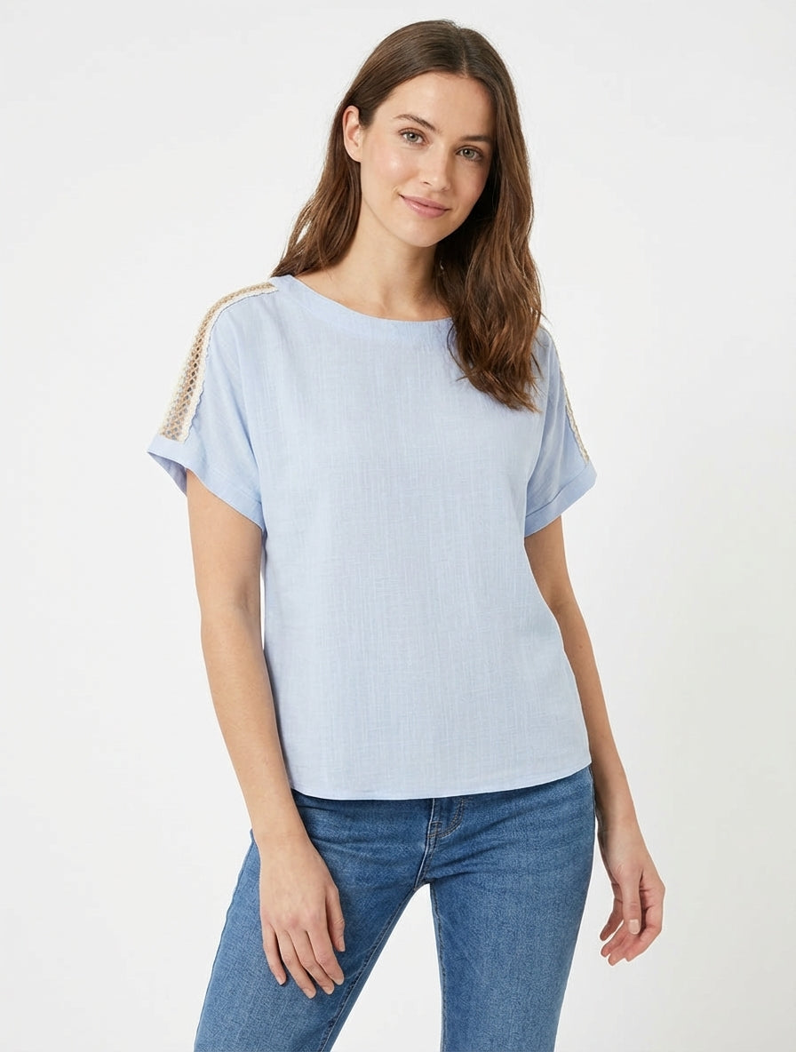 Top broderies ajourées coupe carrée - Bleu ciel