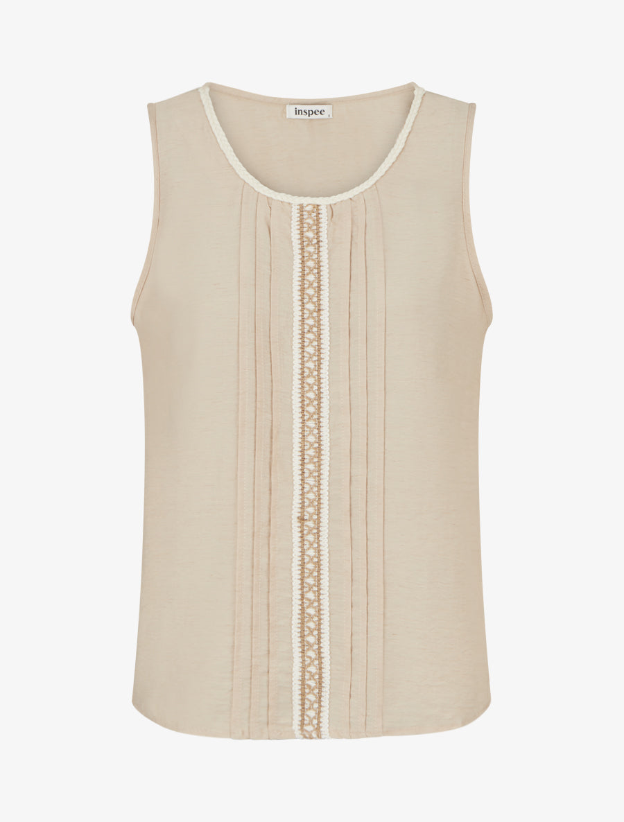 Top sans manches à col rond et broderie - Beige - 1
