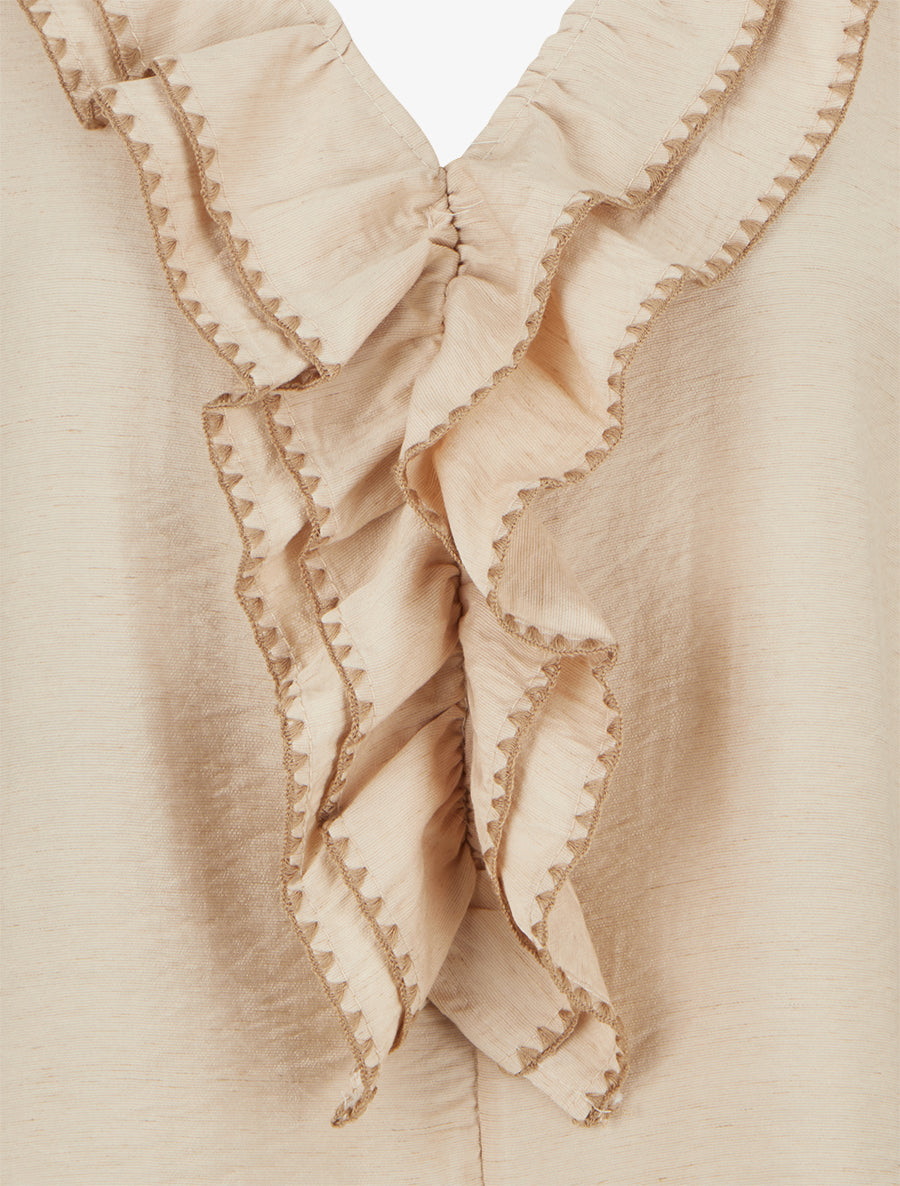 Top sans manches à col V volanté - Beige - 3