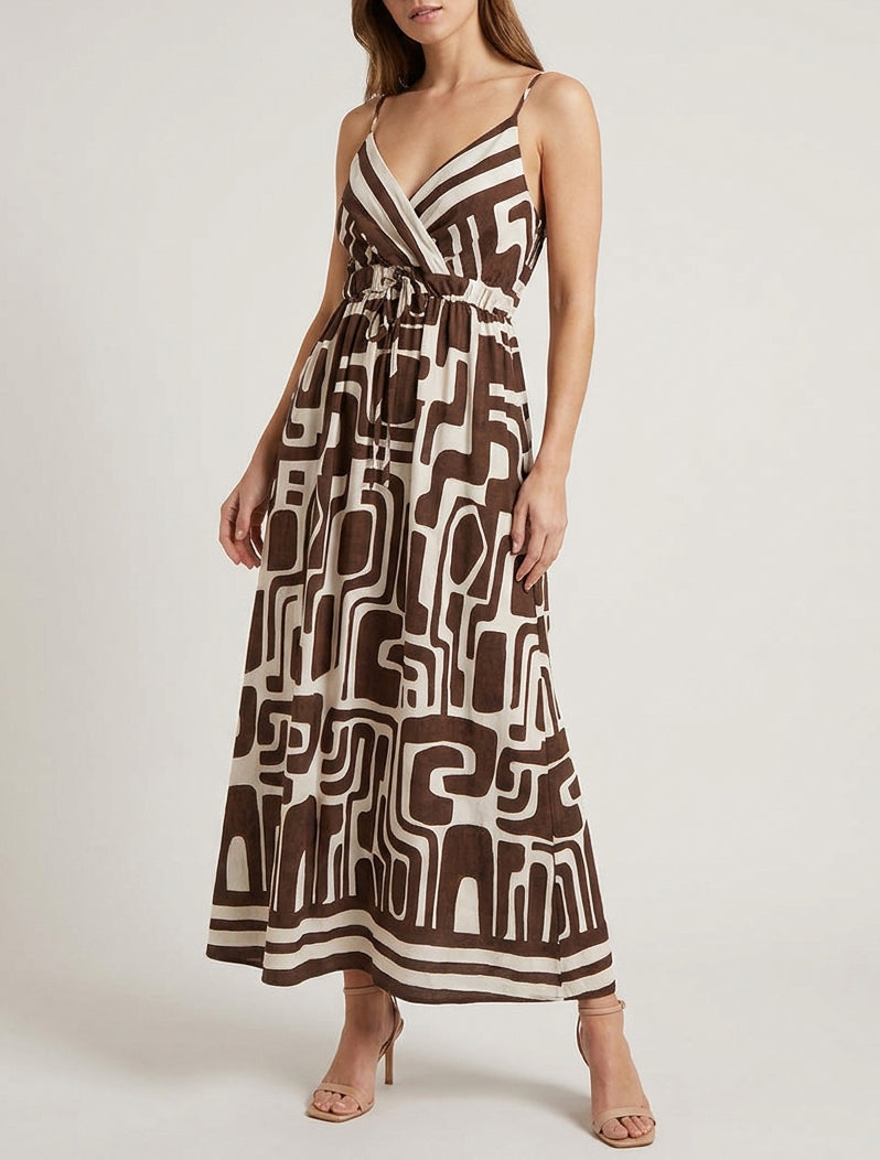 Robe longue cache-cœur à bretelles - Marron