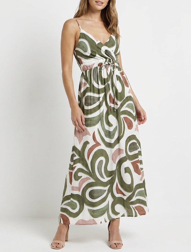 Robe longue cache-cœur à bretelles - Kaki