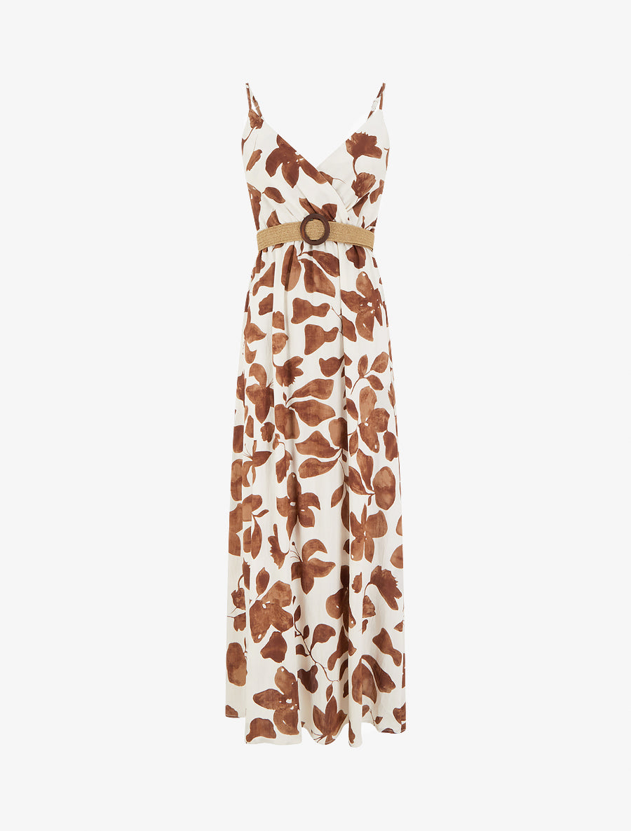 Robe longue évasée imprimé grandes fleurs - Marron - 1