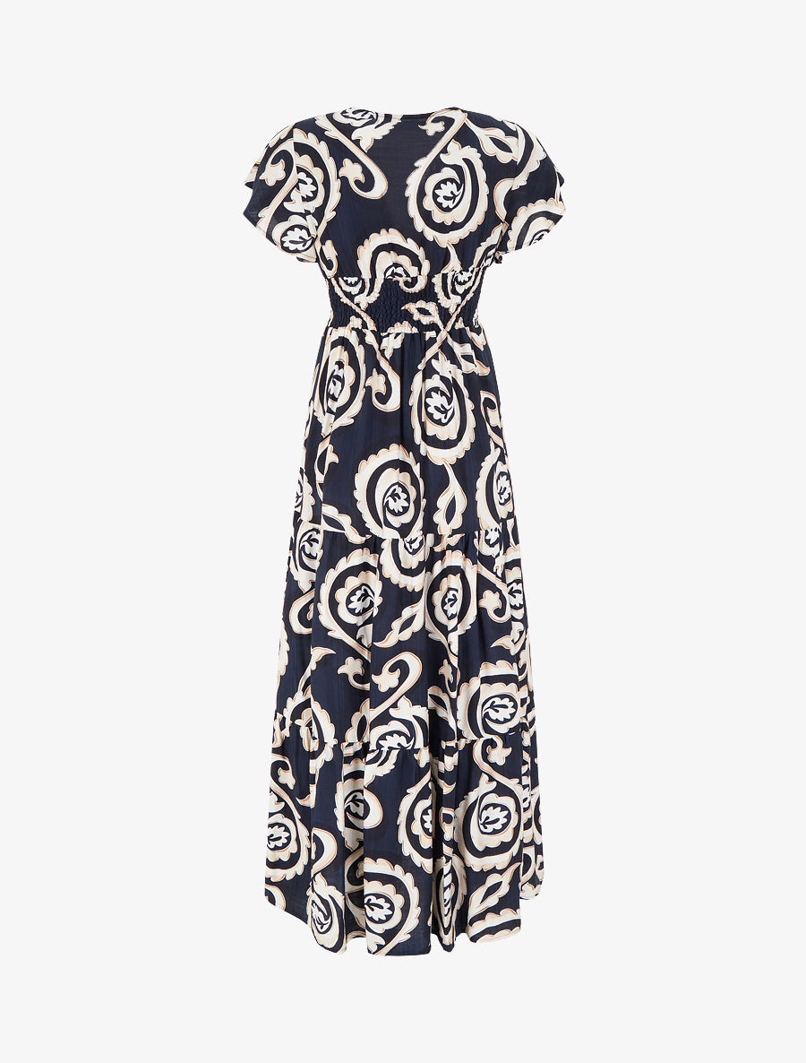 Robe longue manches courtes imprimé cachemire stylisé - Marine - 2