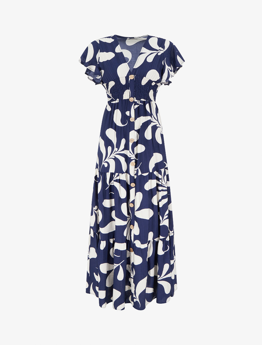 Robe longue manches courtes imprimé plantes stylisées - Marine - 1