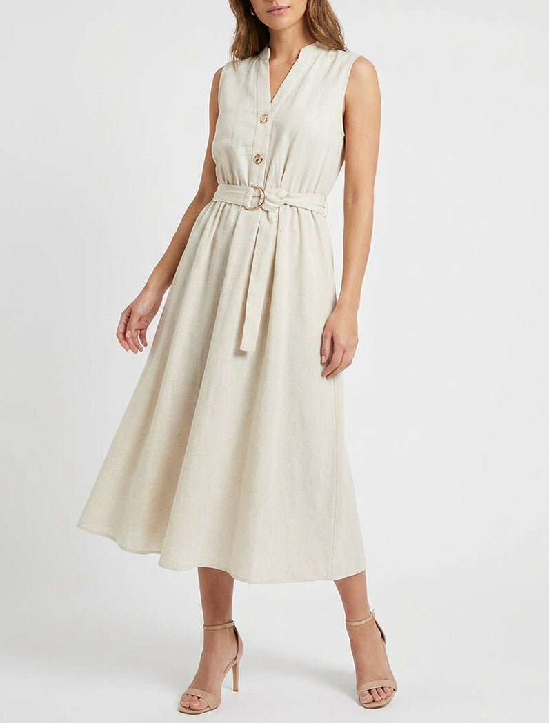 Robe longue encolure V boutonnée - Beige