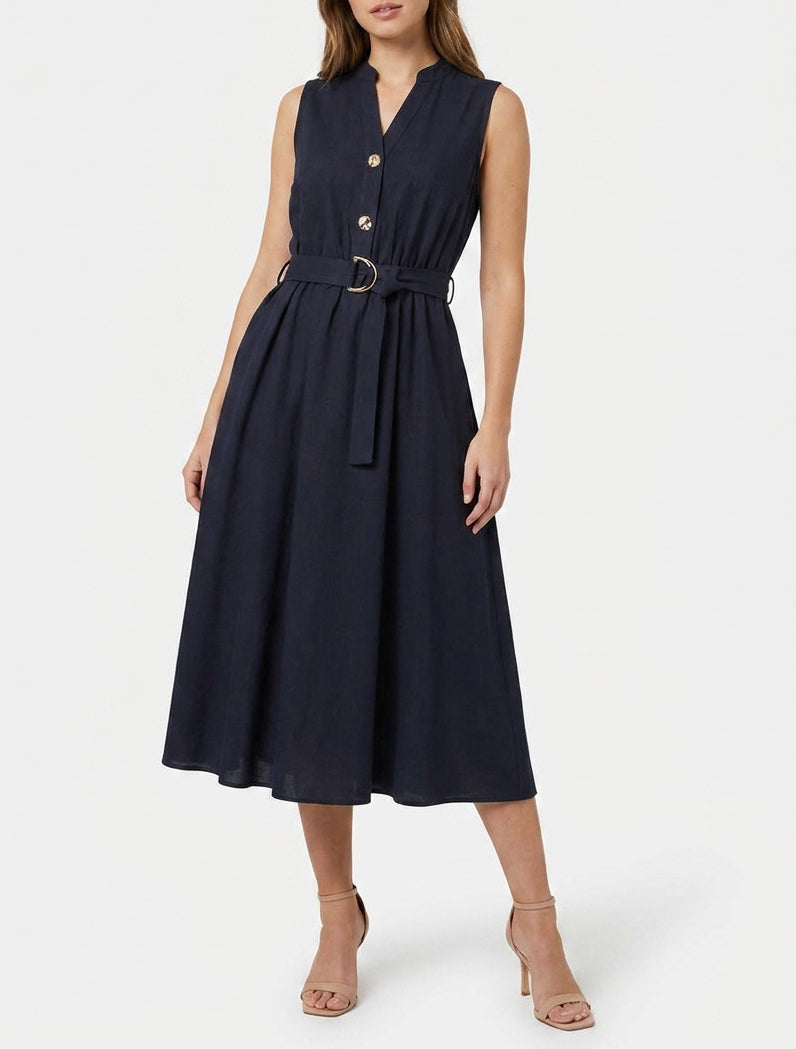 Robe longue col V effet lin - Marine