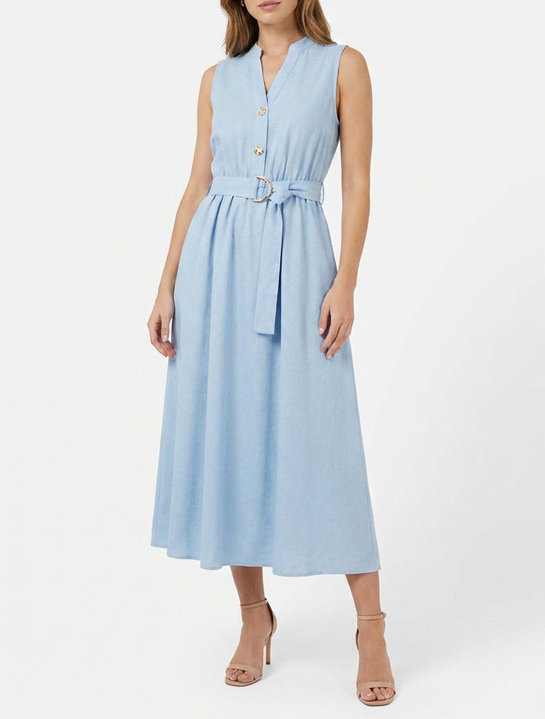 Robe longue encolure V boutonnée - Bleu ciel
