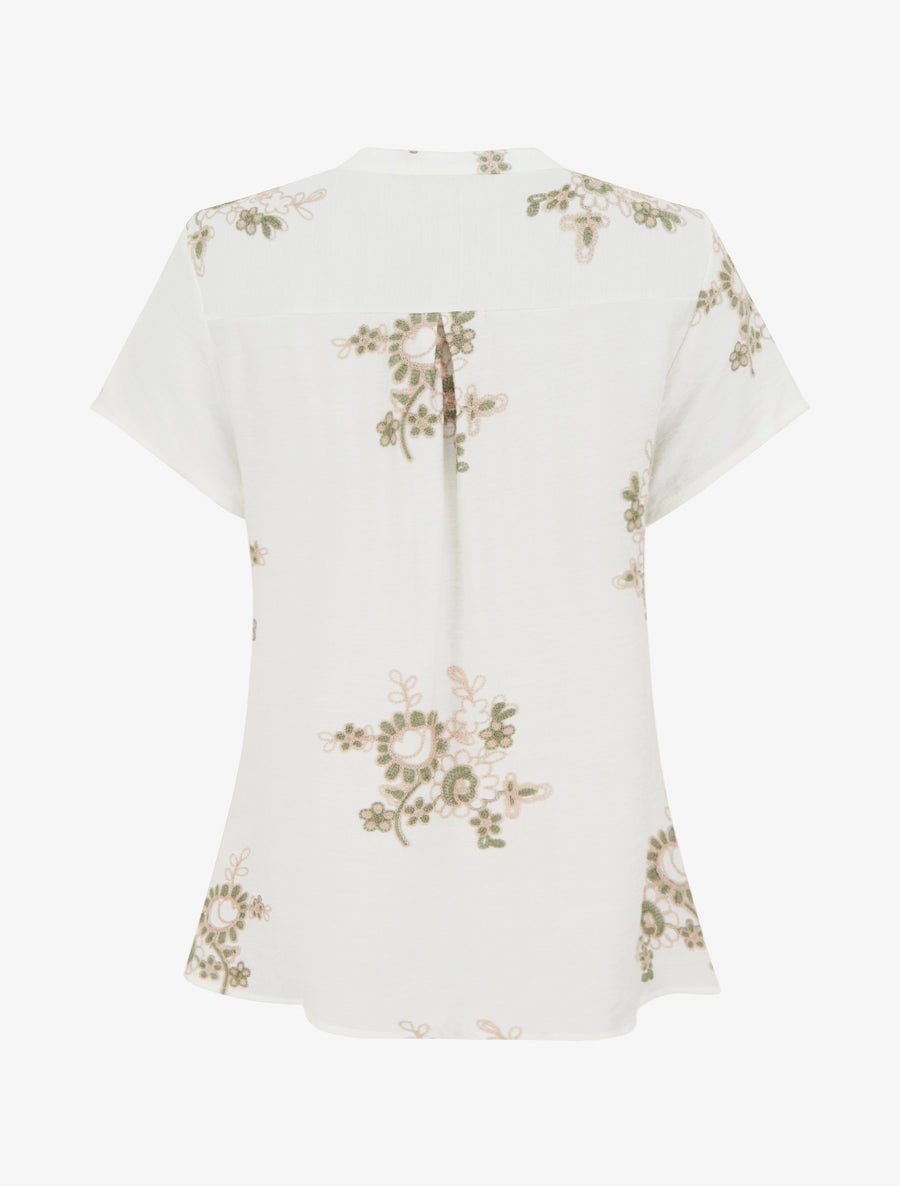 Blouse manches courtes à broderies fleuries - Blanc - 2