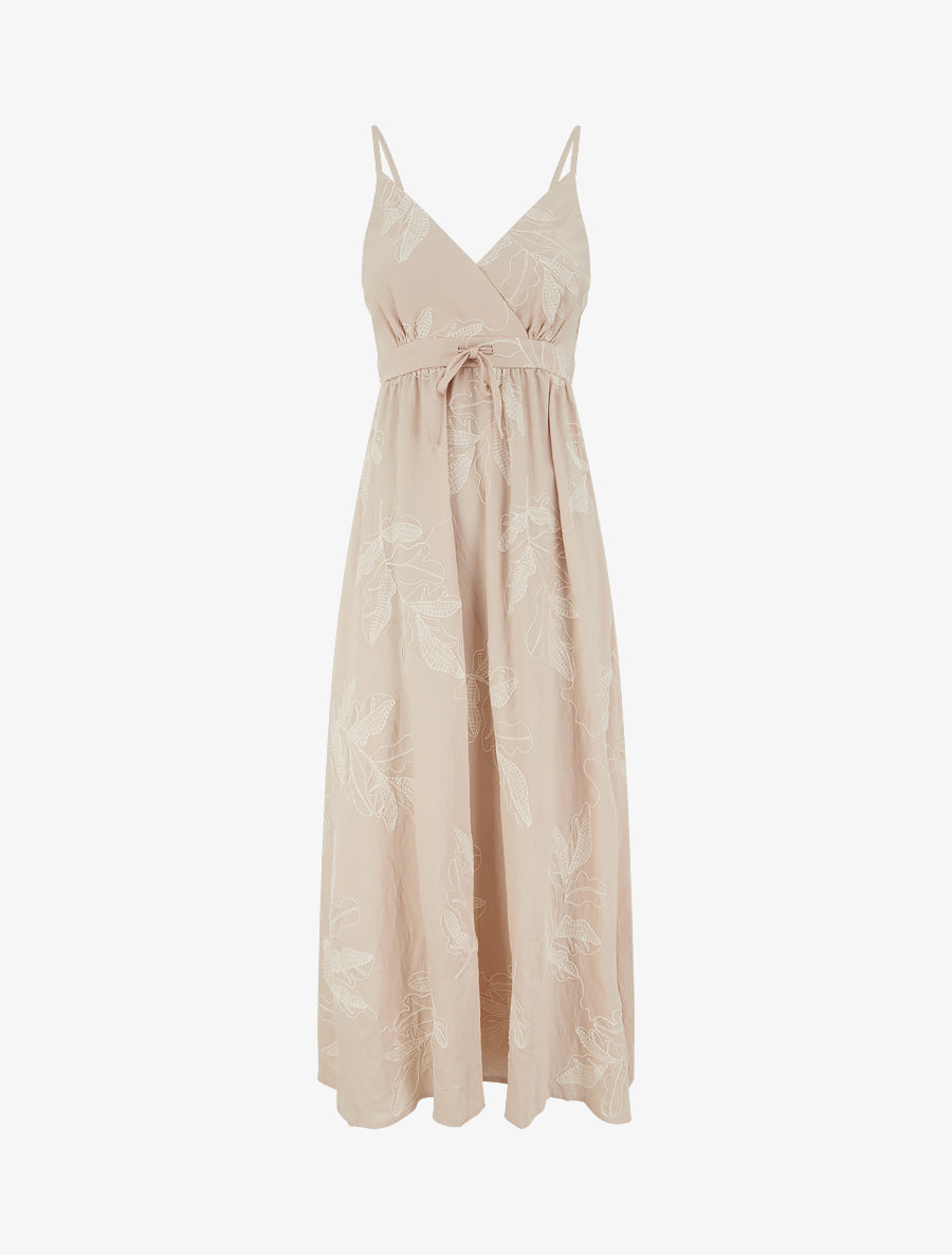 Robe longue empire à broderies feuilles stylisées - Beige - 1