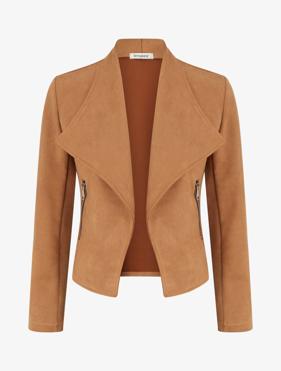 Veste en suédine à poches décoratives zippées - Camel - 1