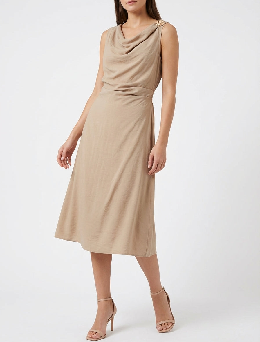 Robe longue col bénitier drapée - Beige foncé