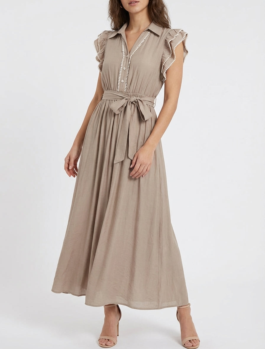 Robe longue évasée à ceinture - Taupe