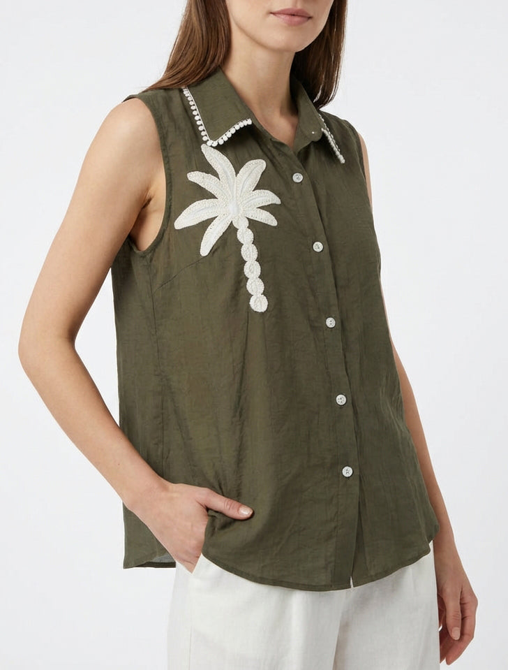 Chemise fluide à motif palmier - Kaki