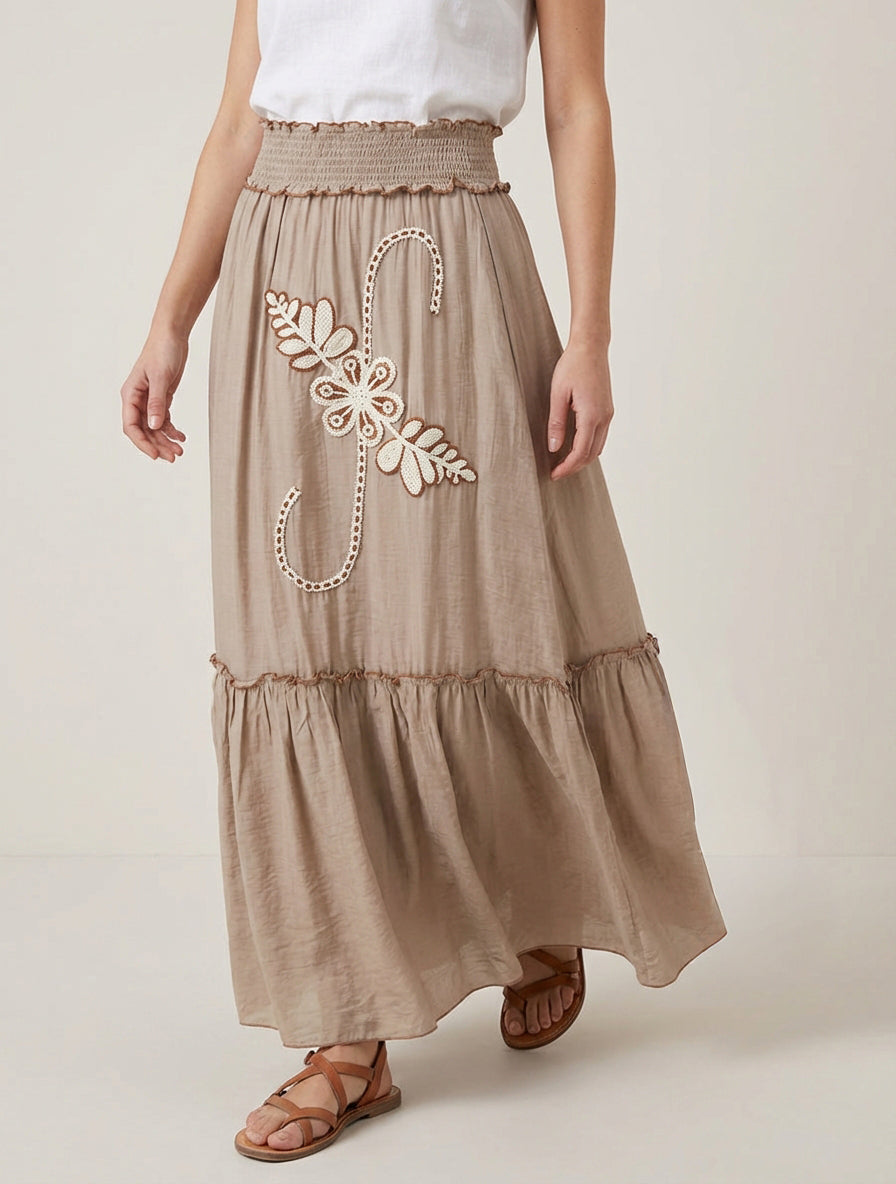 Jupe longue taille haute brodée - Taupe