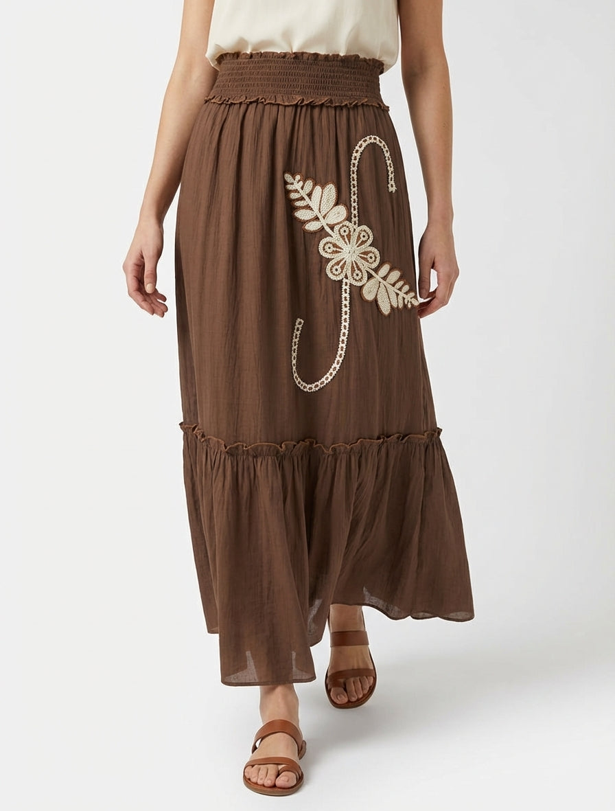 Jupe longue à taille haute brodée - Marron