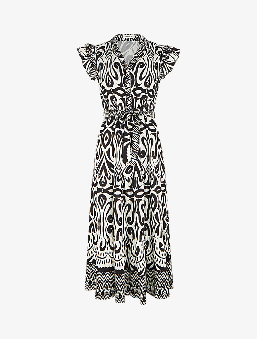 Robe longue graphique coupe évasée - Noir - 1