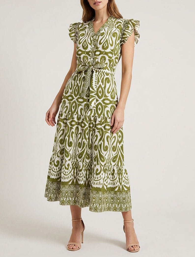 Robe longue col V à mancherons - Kaki