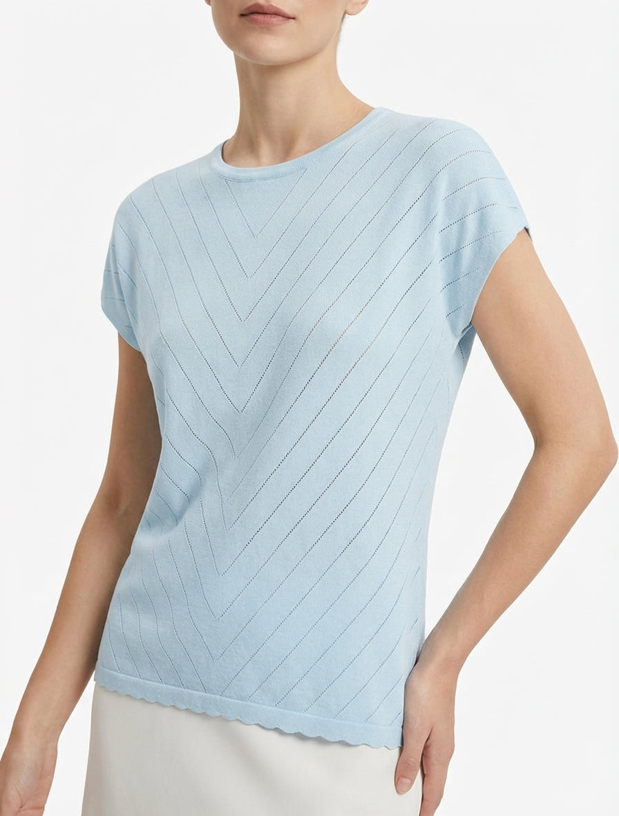 Top ajouré fluide à manches courtes - Bleu ciel
