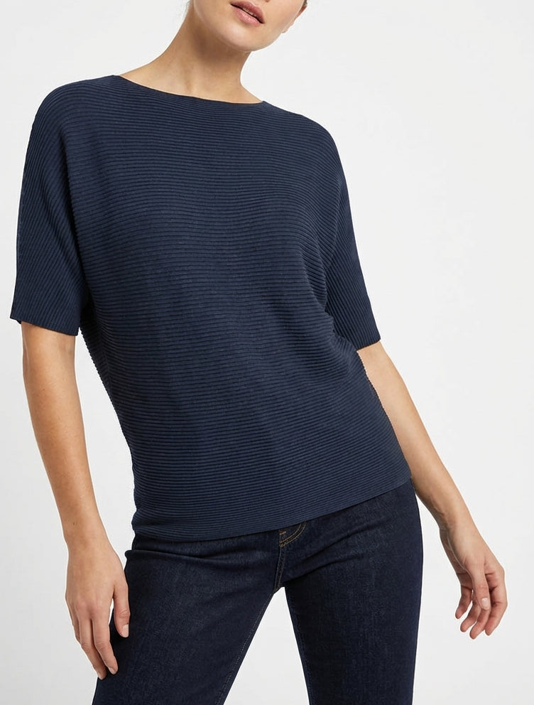 Top texturé col rond - Marine