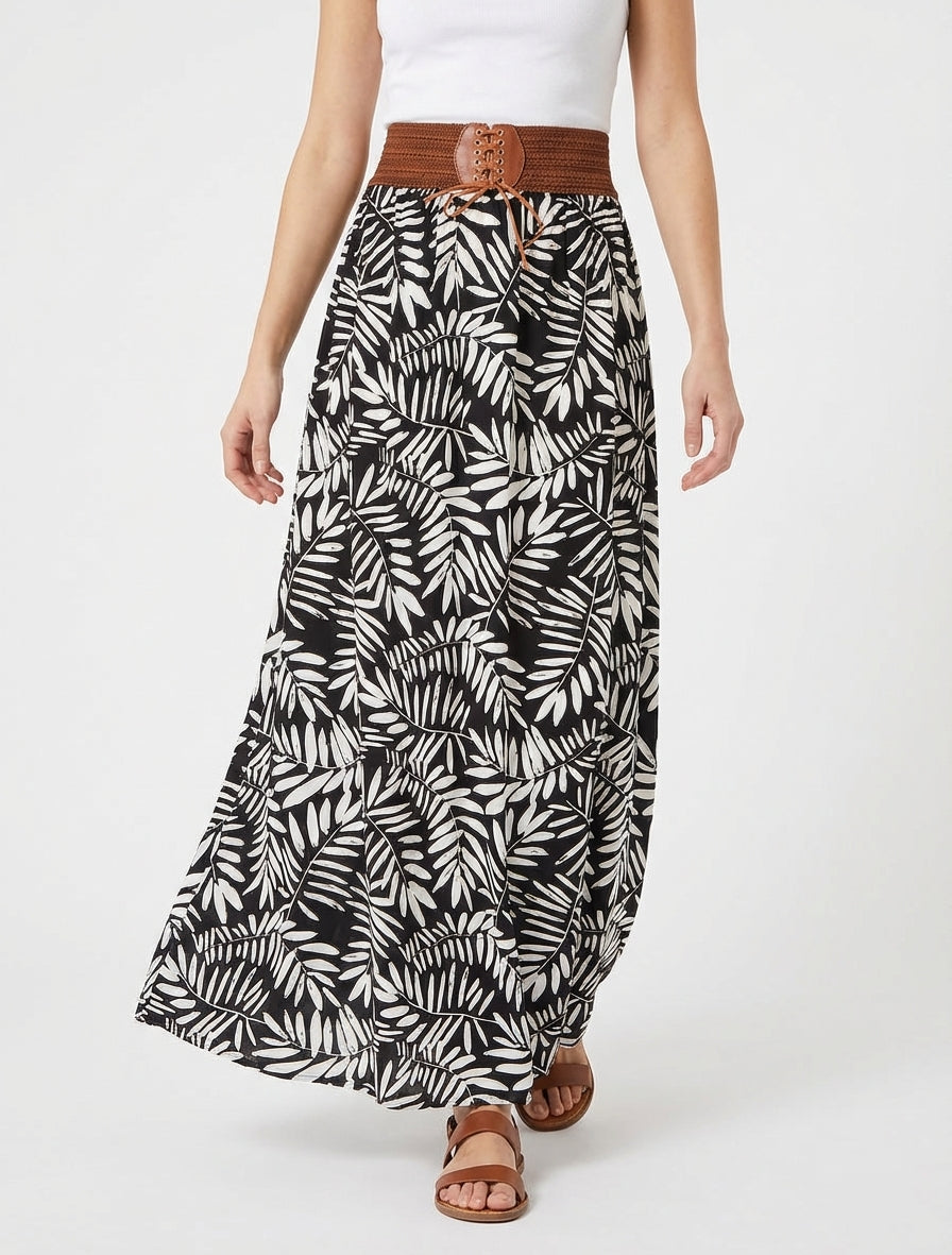 Jupe longue imprimé tropical à nœud - Noir