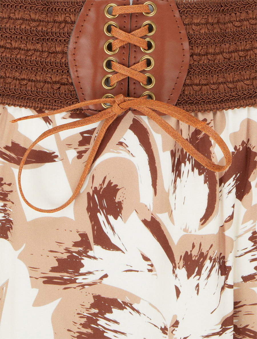 Jupe longue élastiquée imprimé fleuri - Marron - 3