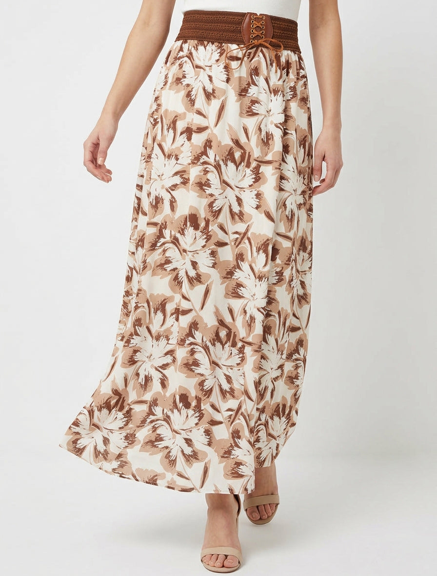 Jupe longue taille haute corset fleuri - Marron