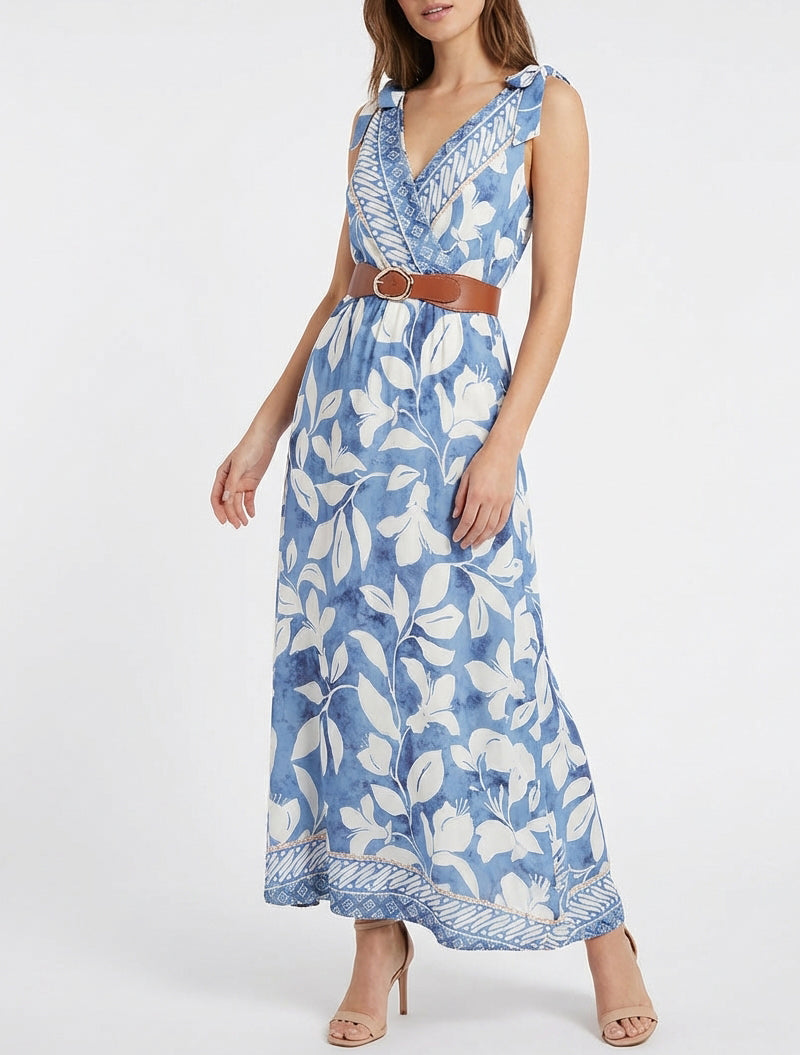 Robe longue cache-cœur ceinturée - Bleu clair