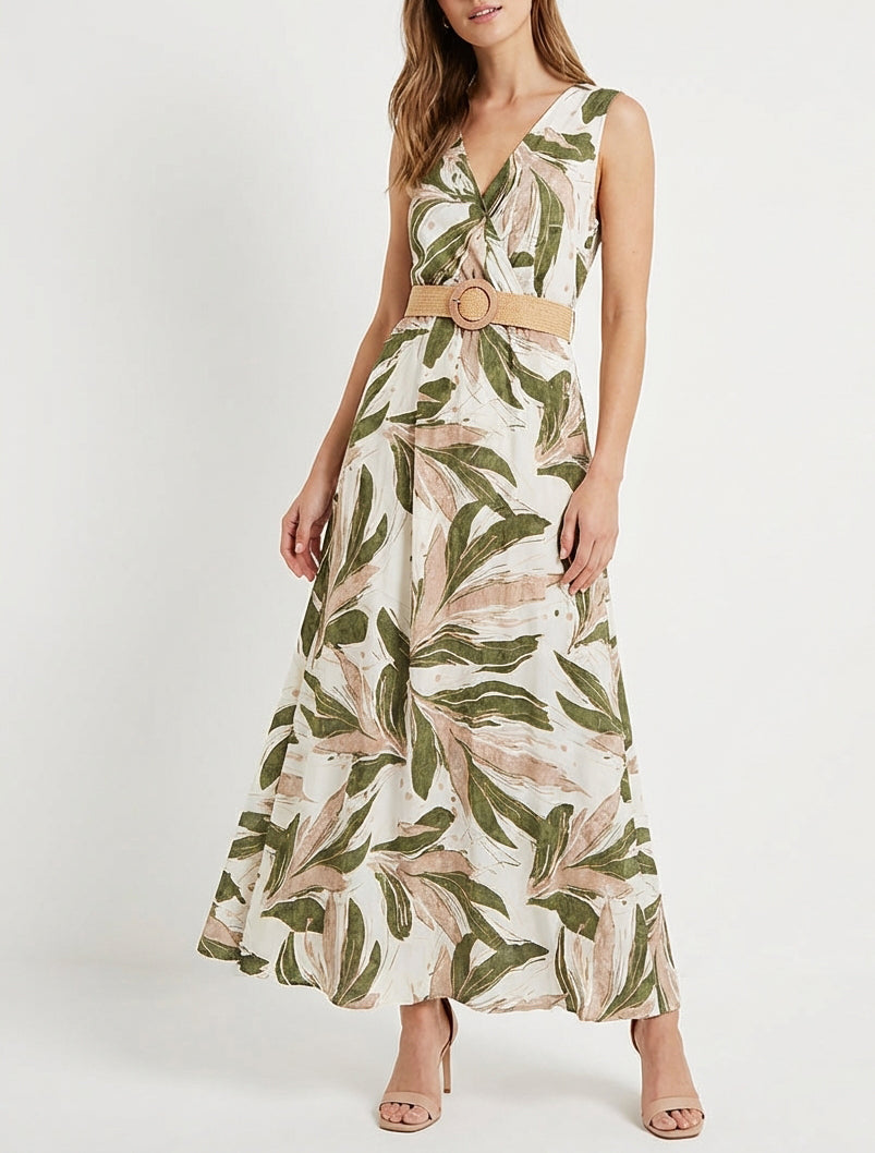 Robe longue cache-cœur à ceinture - Kaki