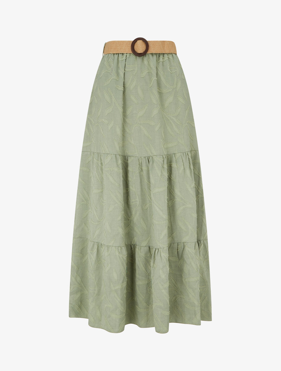 Jupe longue évasée en tissu texturé - Kaki - 1