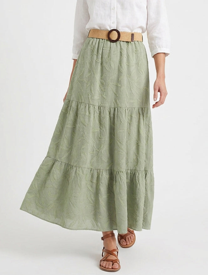 Jupe longue taille haute texturée - Kaki